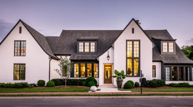 Front of a large residential white house at sunset